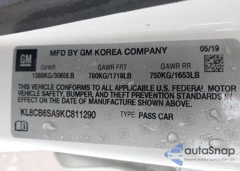 2019 Chevrolet Spark Ls Cvt из США, поврежденный, VIN KL8CB6SA9KC811290